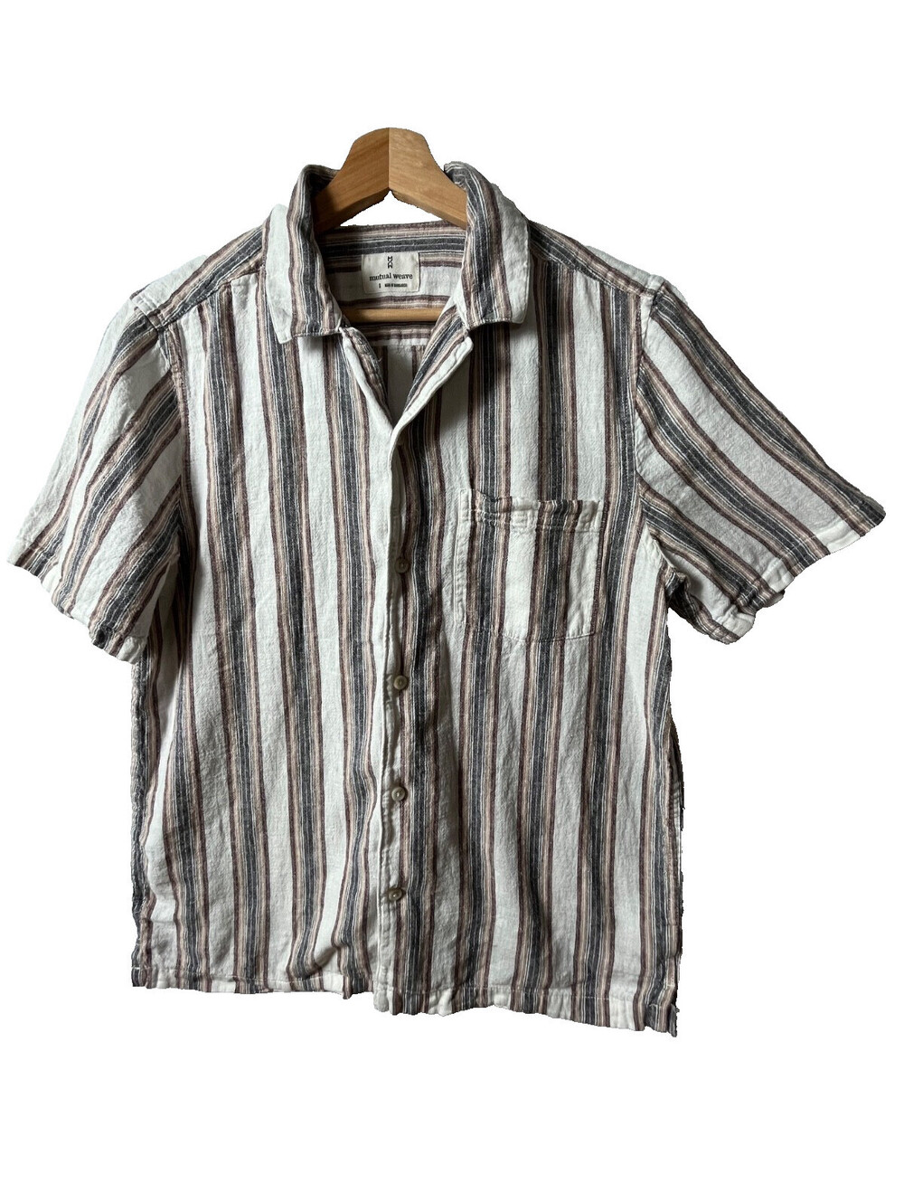 Mutual Weave Men's S Linen Cotton Striped Short Sleeve Button Up Shirt Boho Cas